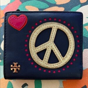 Tory Burch Peace Love Navy Wallet with Red and Pink Hearts